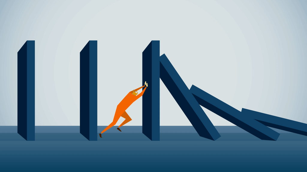 Illustration of a person stopping falling dominoes, symbolizing the challenges and risks in tiny home investing.